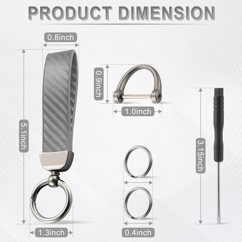 JUSTTOP Leather Keychain, Carbon Fiber Car Key Chain with Anti-Lost D-Ring and 2 Key Ring, Keychain Wristlet, Car Accessories, Universal Keychain for Men and Women (Grey) - Image 2
